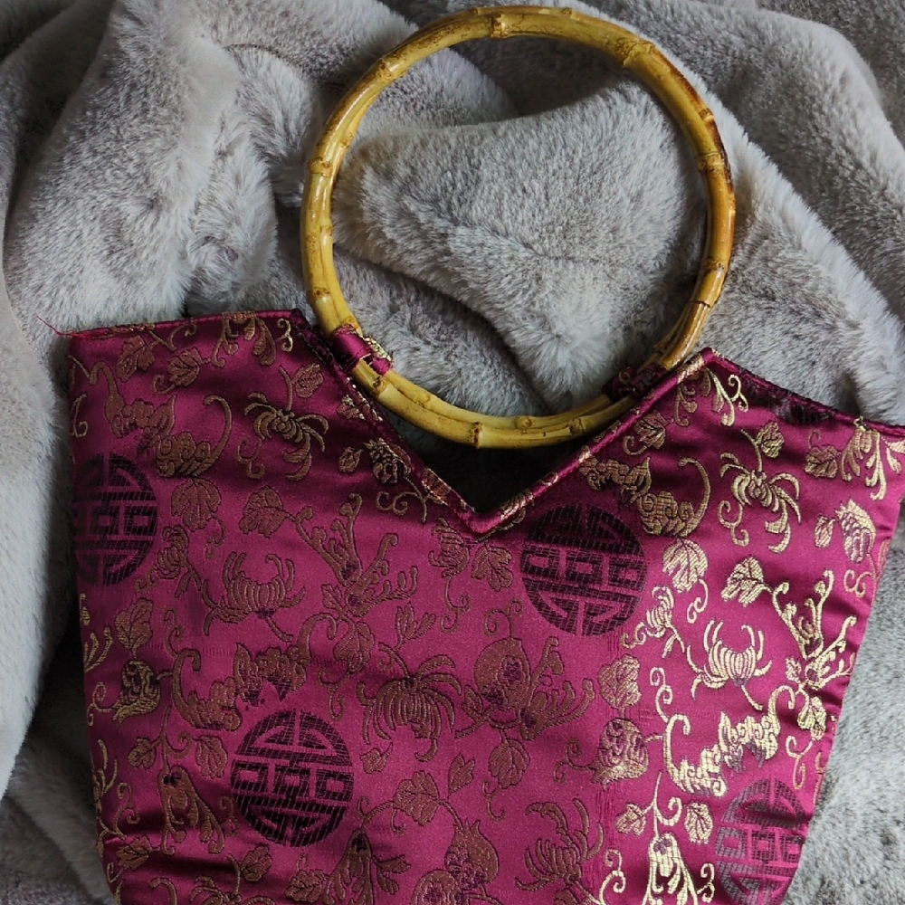 Elegant Asian Style Brocade Bamboo Handle Burgundy Bag